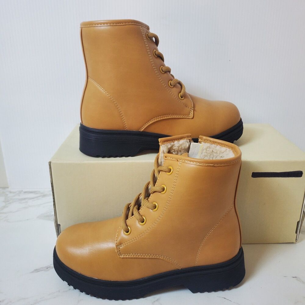 Light Brown With White Fur Lining Lace Up Side Zip Ankle Boots Shoes – Size 1